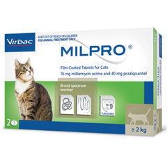 Box of Virbac Milpro film-coated tablets for cats on a white background