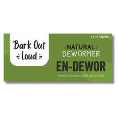 Packaging of Bark Out Loud Natural De Wormer En-Dewor on a white background
