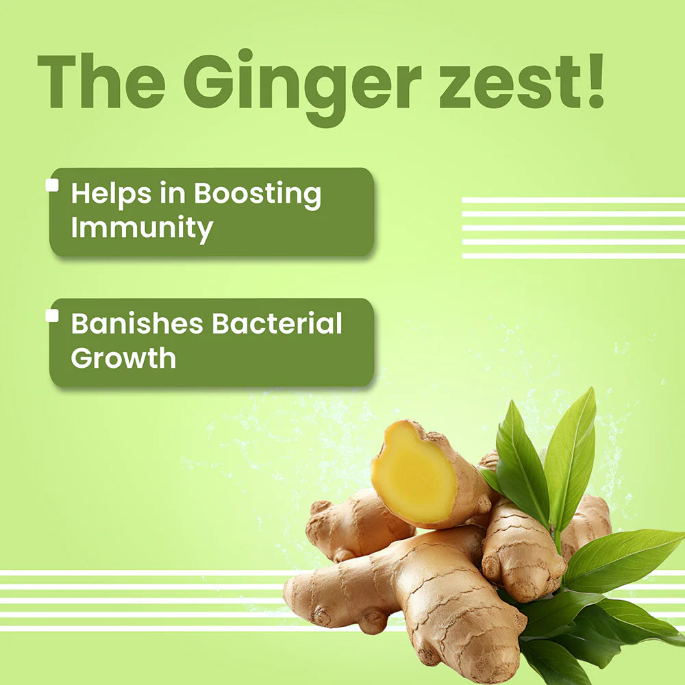 Ginger root with green leaves on a light green background, featuring text about ginger's benefits.