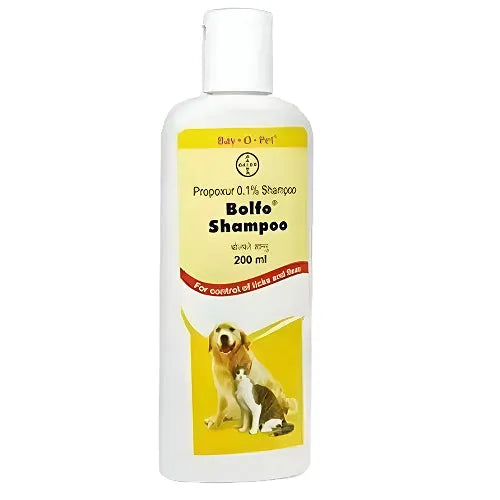 Bottle of Bolfo Shampoo for pets on a white background