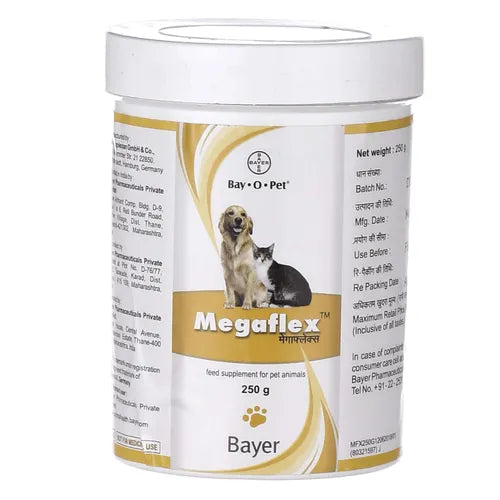 Bayer Megaflex supplement container for pets on a white background