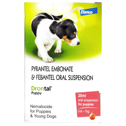 Drontal Puppy oral suspension packaging with a puppy on a green background
