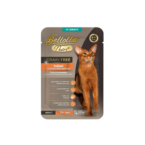 Bellotta Nutri+ Pouch Indoor Tuna Whitefish in Gravy Grain Free.