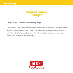 Bio Pet shampoo, natural honey extract, moisturizes and nourishes dog's fur.
