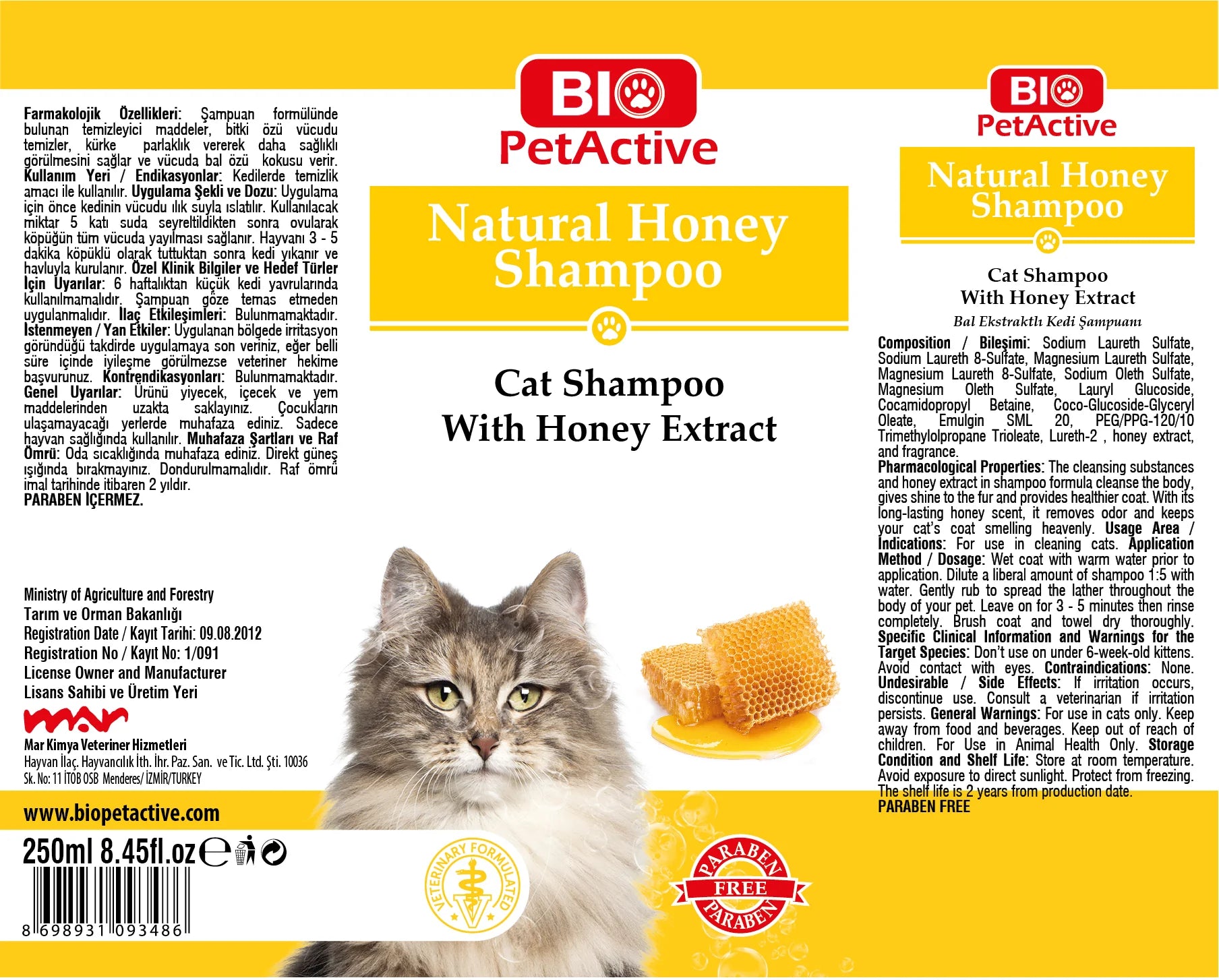 Natural honey shampoo, Bio Pet, safe for all breeds and easy to use.