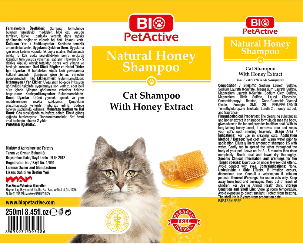 Natural honey shampoo, Bio Pet, safe for all breeds and easy to use.