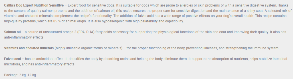 Calibra Sensitive Salmon Hypoallergenic Dog Food Expert Nutrition.