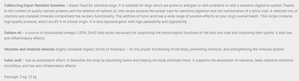 Calibra Sensitive Salmon Hypoallergenic Dog Food Expert Nutrition.