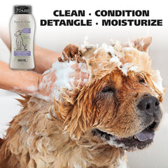 Dog being bathed with a bottle of Wahl shampoo, featuring text on grooming steps.