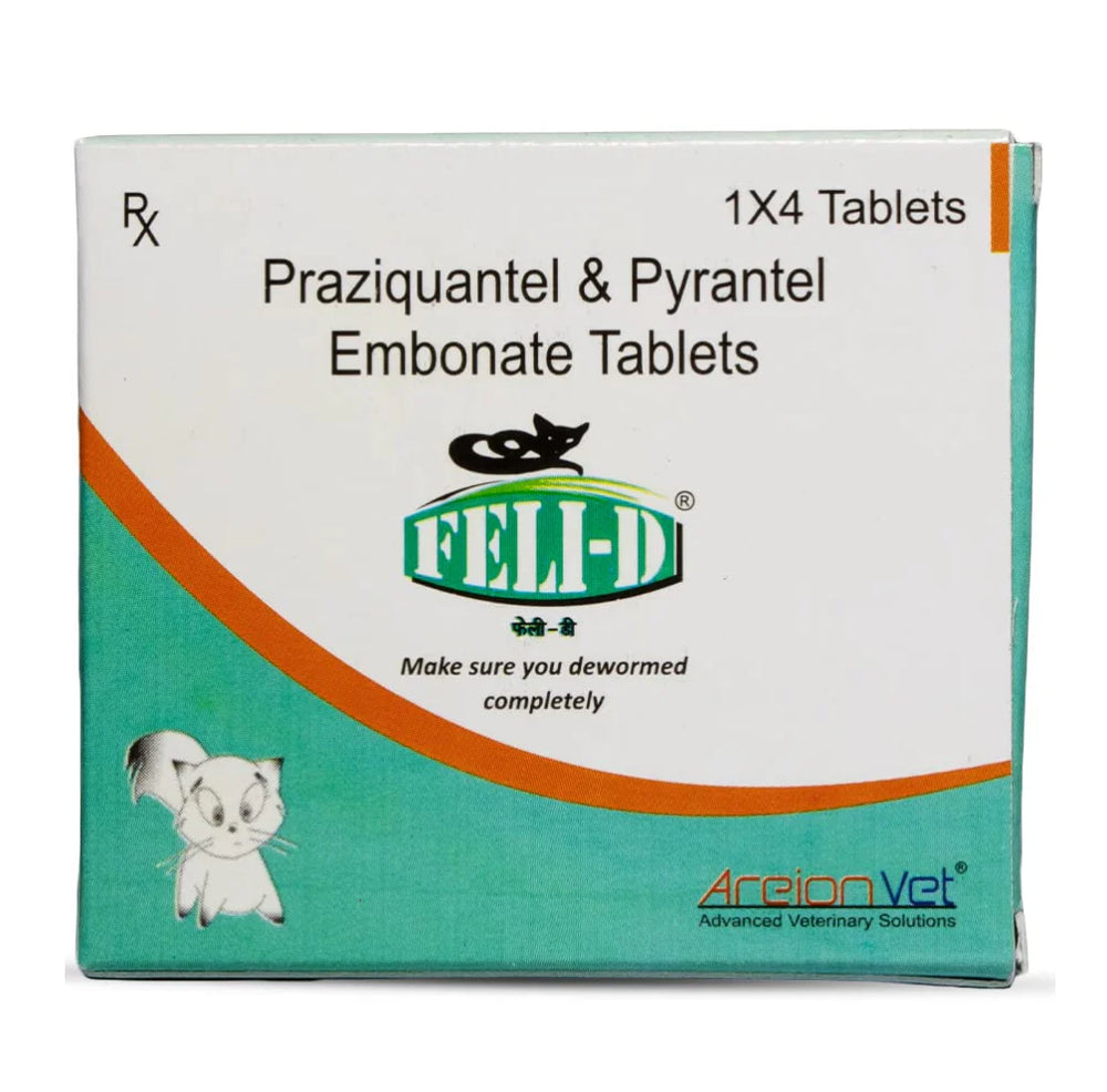 Box of Praziquantel & Pyrantel Embonate Tablets with FEL-D branding on a white background