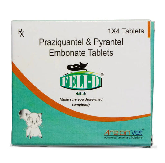 Box of Praziquantel & Pyrantel Embonate Tablets with FEL-D branding on a white background