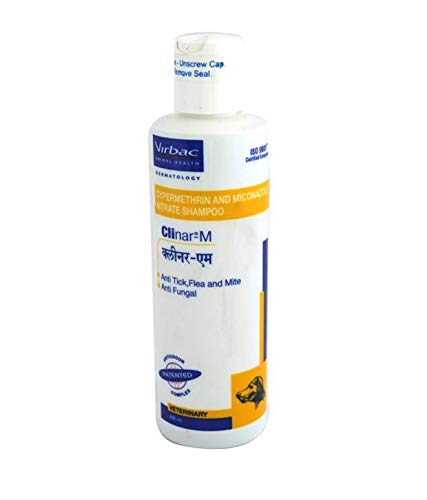 Shampoo bottle labeled 'Clinar-M' by Virbac on a white background