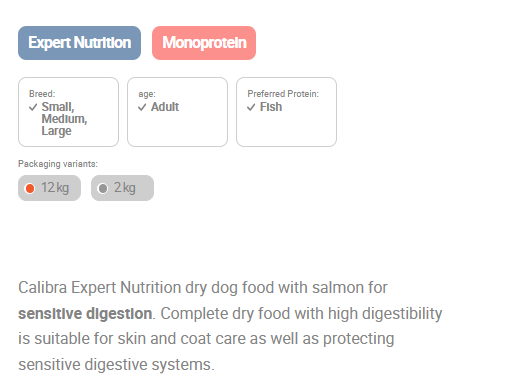Calibra Sensitive Salmon Hypoallergenic Dog Food Expert Nutrition.