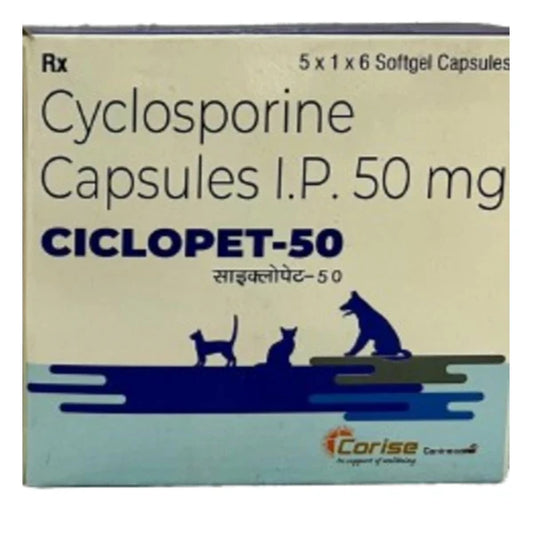 Box of Cyclosporine Capsules I.P. 50 mg with branding and product details.