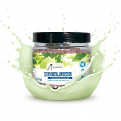 Jar of Dental Sticks with a green splash effect on a white background