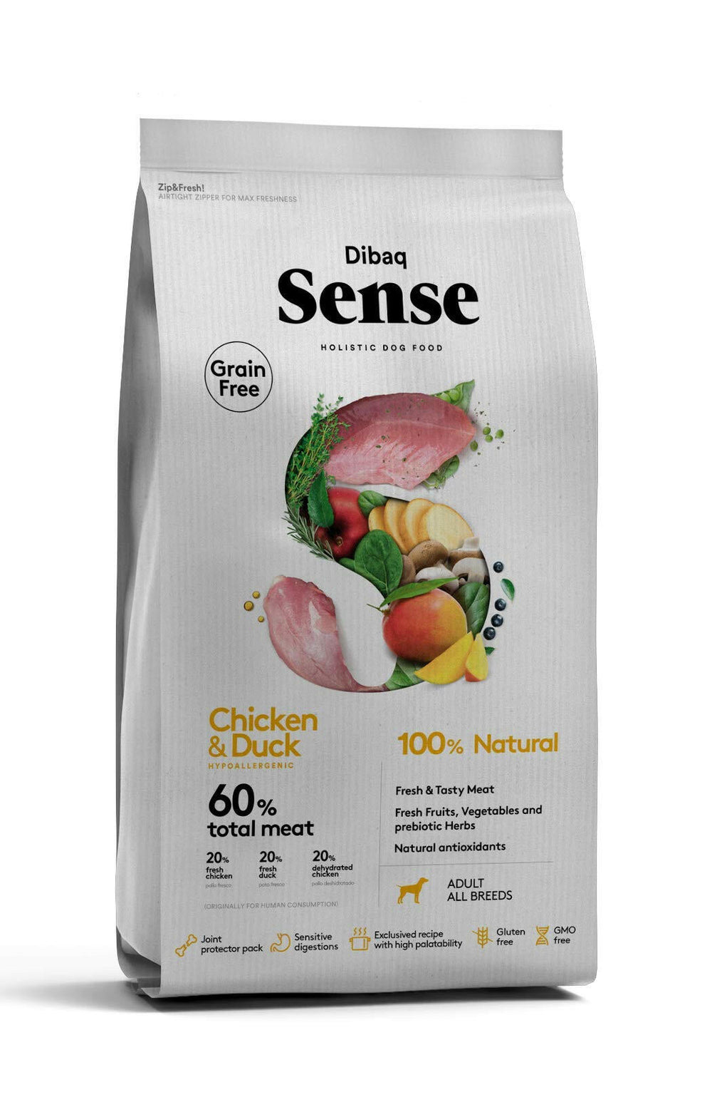 Dibaq grain free adult dog food, chicken and duck recipe.
