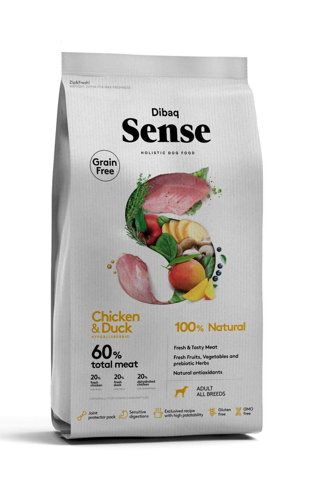 Dibaq grain free adult dog food, chicken and duck recipe.