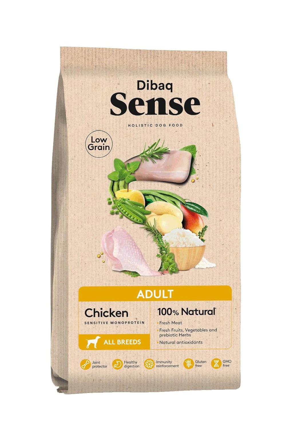Dibaq sense low grain adult chicken dog food.