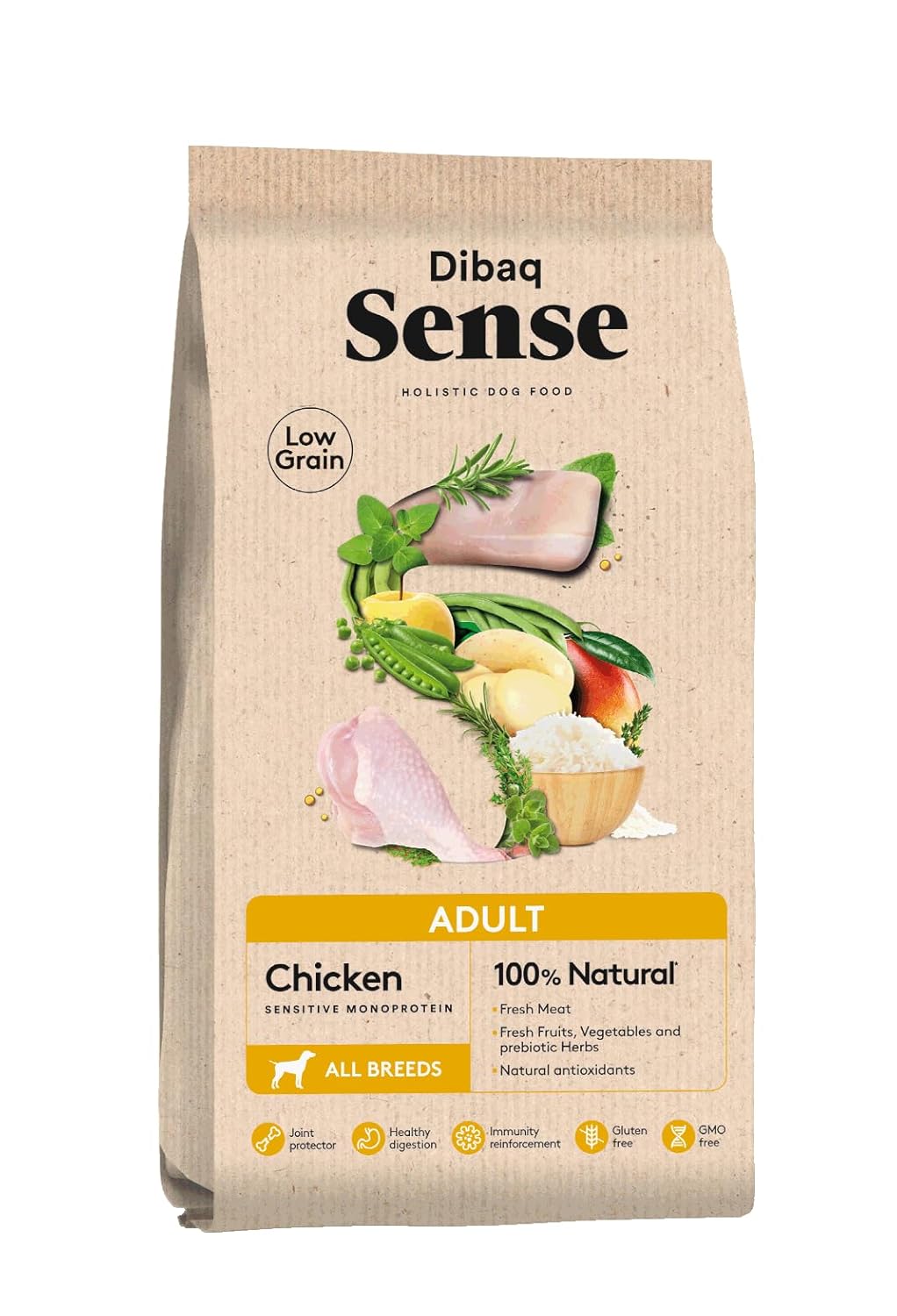 Dibaq sense low grain adult chicken dog food.