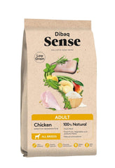 Dibaq sense low grain adult chicken dog food.