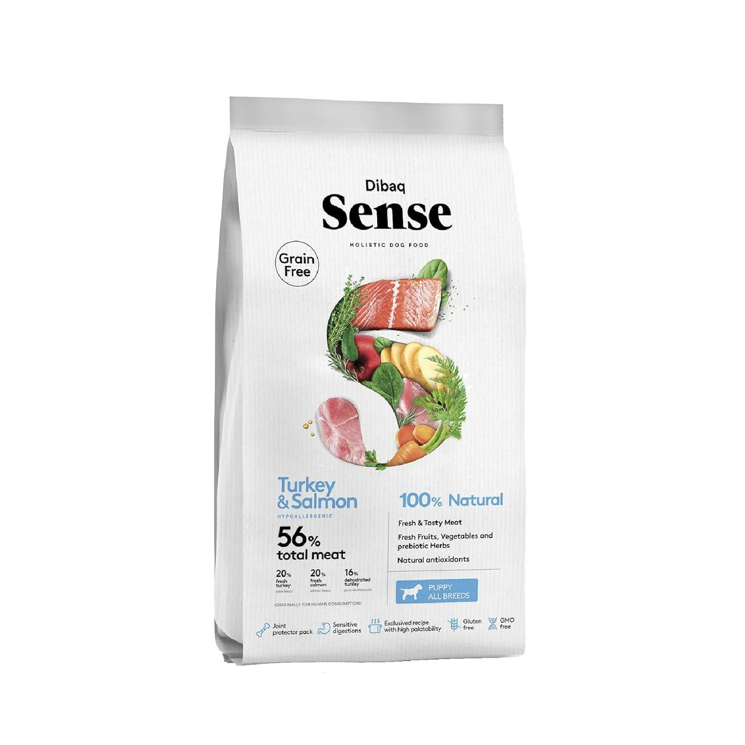 Dibaq sense puppy food, turkey and salmon recipe.