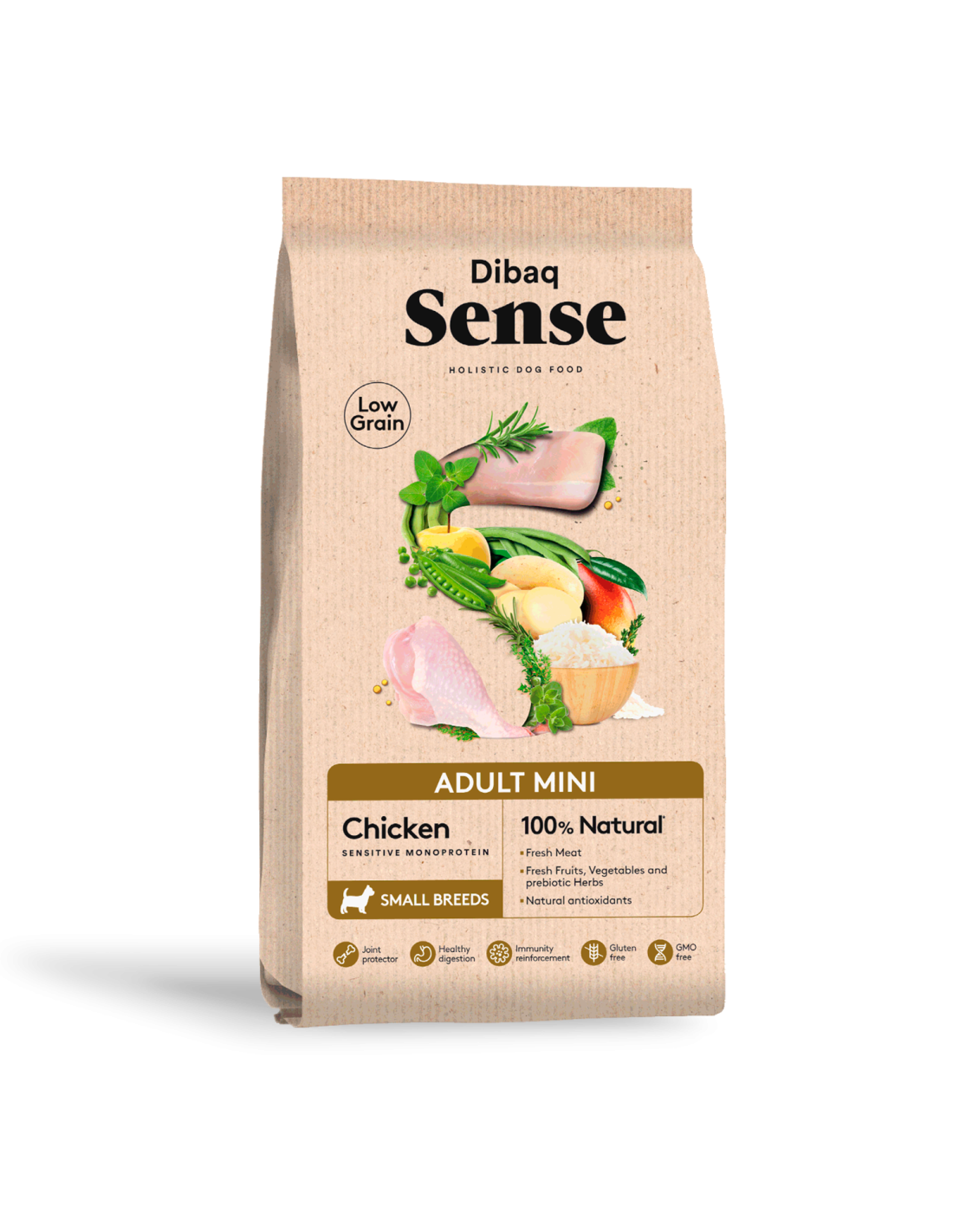 Dibaq Sense, small dog food with chicken and low grain.