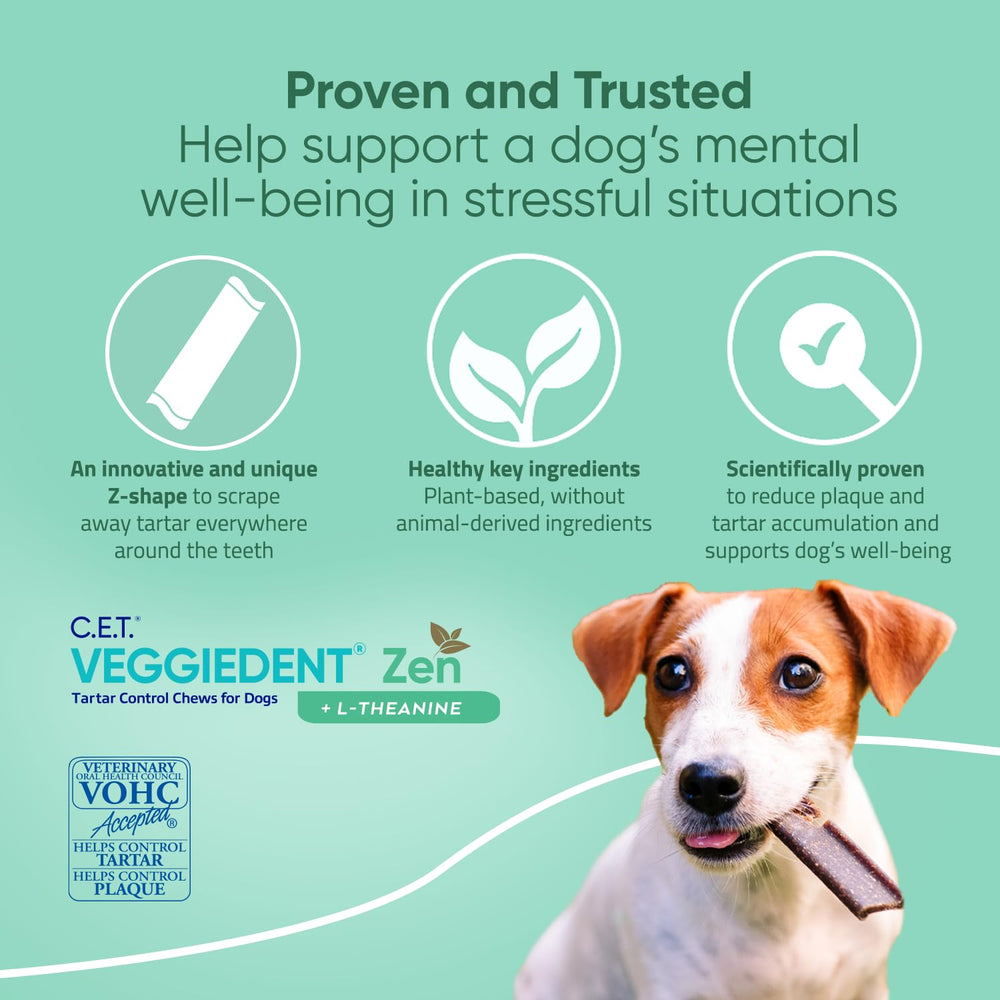 Advertisement for VEGGIEDENT Zen dog chews with a dog on a green background
