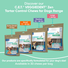 VeggieDent Zen tartar control chews packaging for dogs with size guidelines on a teal background.