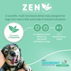Advertisement for C.E.T. VEGGIEDENT Zen dental chews for dogs on a green background.
