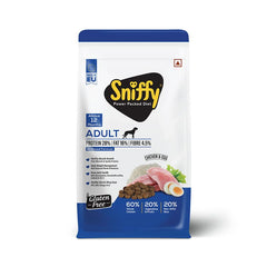Adult dog happily eating Sniffy dry food from a bowl.