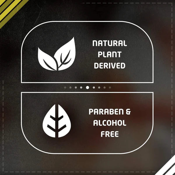 Two labels indicating 'Natural Plant Derived' and 'Paraben & Alcohol Free' on a dark background.
