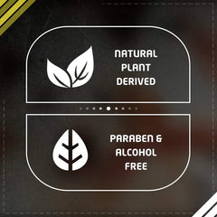 Two labels indicating 'Natural Plant Derived' and 'Paraben & Alcohol Free' on a dark background.