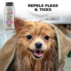 Dog with a towel around its head next to a bottle of Wahl pet product, with text 'Repels Fleas & Ticks'.