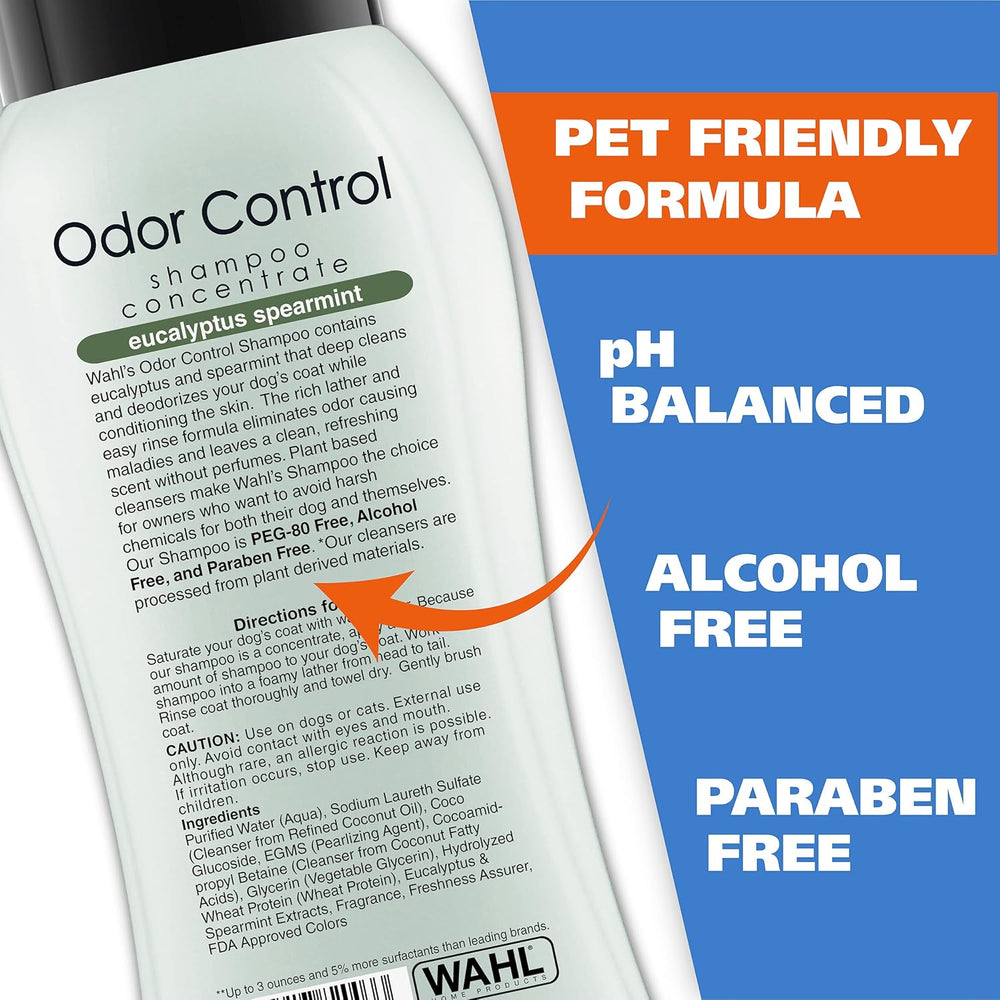 Wahl Odor Control shampoo concentrate bottle with product features on a blue and orange background