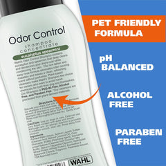 Wahl Odor Control shampoo concentrate bottle with product features on a blue and orange background