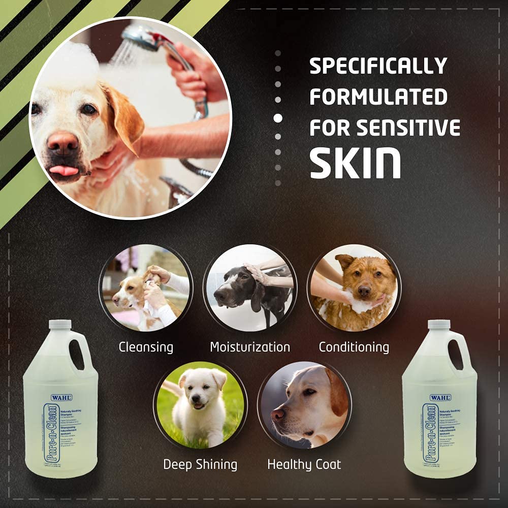 Dog grooming product for sensitive skin with images of dogs being groomed and text highlighting benefits.