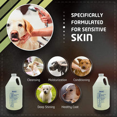 Dog grooming product for sensitive skin with images of dogs being groomed and text highlighting benefits.