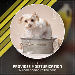 Dog in a bathtub with text about moisturization and conditioning