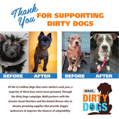 Before and after grooming images of dogs with text thanking supporters for the 'Dirty Dogs' campaign.