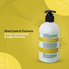 Shed control formula bottle with lemongrass and sage extracts on a yellow background