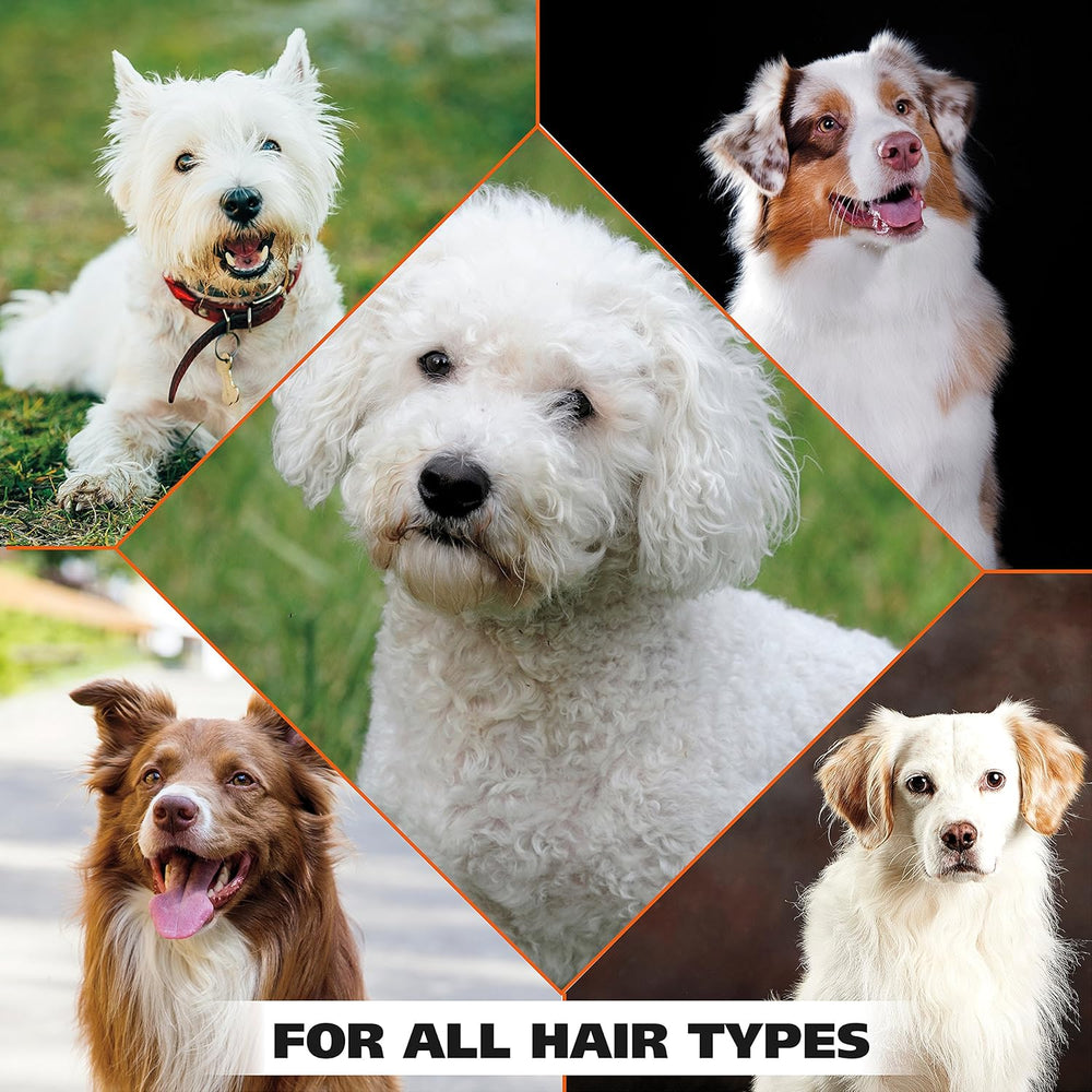 Collage of dogs with text 'FOR ALL HAIR TYPES' on a green background