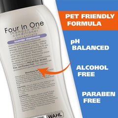 Wahl Four In One shampoo and conditioner bottle with pet-friendly formula features on a blue background