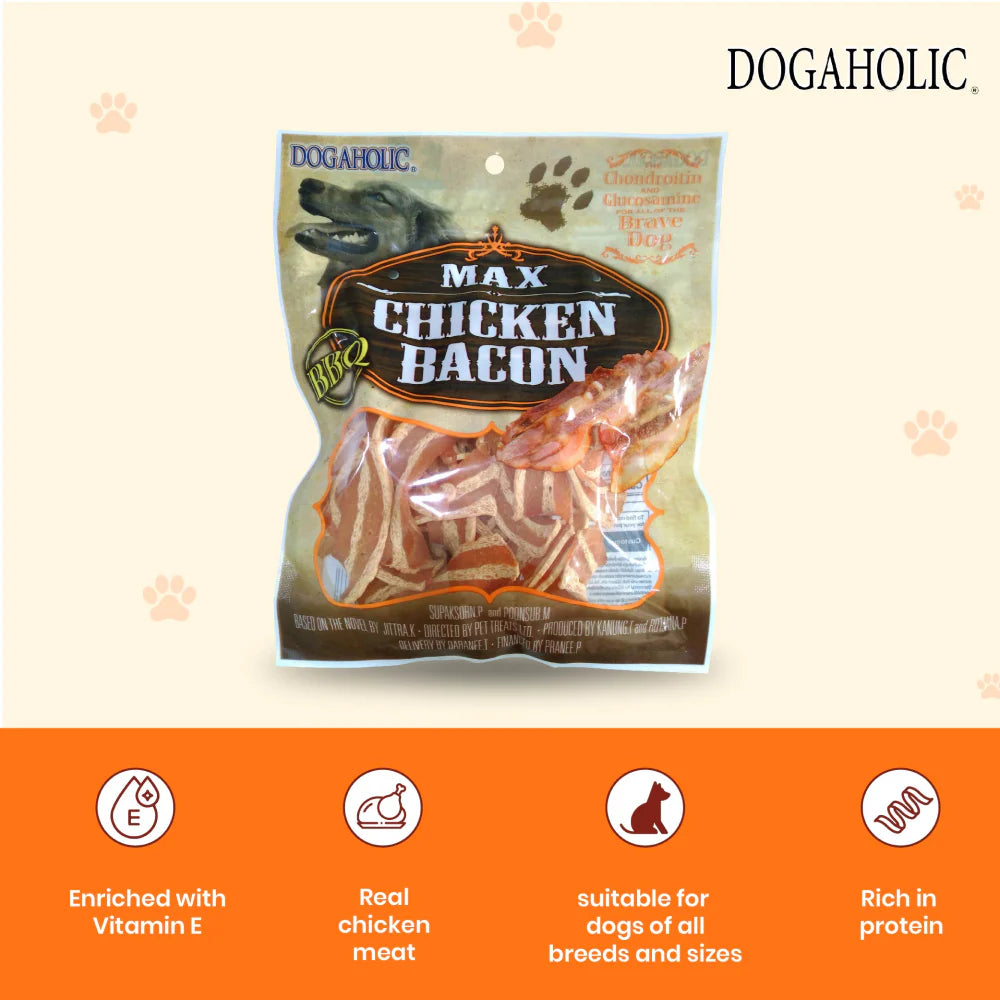 Dogaholic Max Barbeque Chicken Bacon Strips Dog Treats.