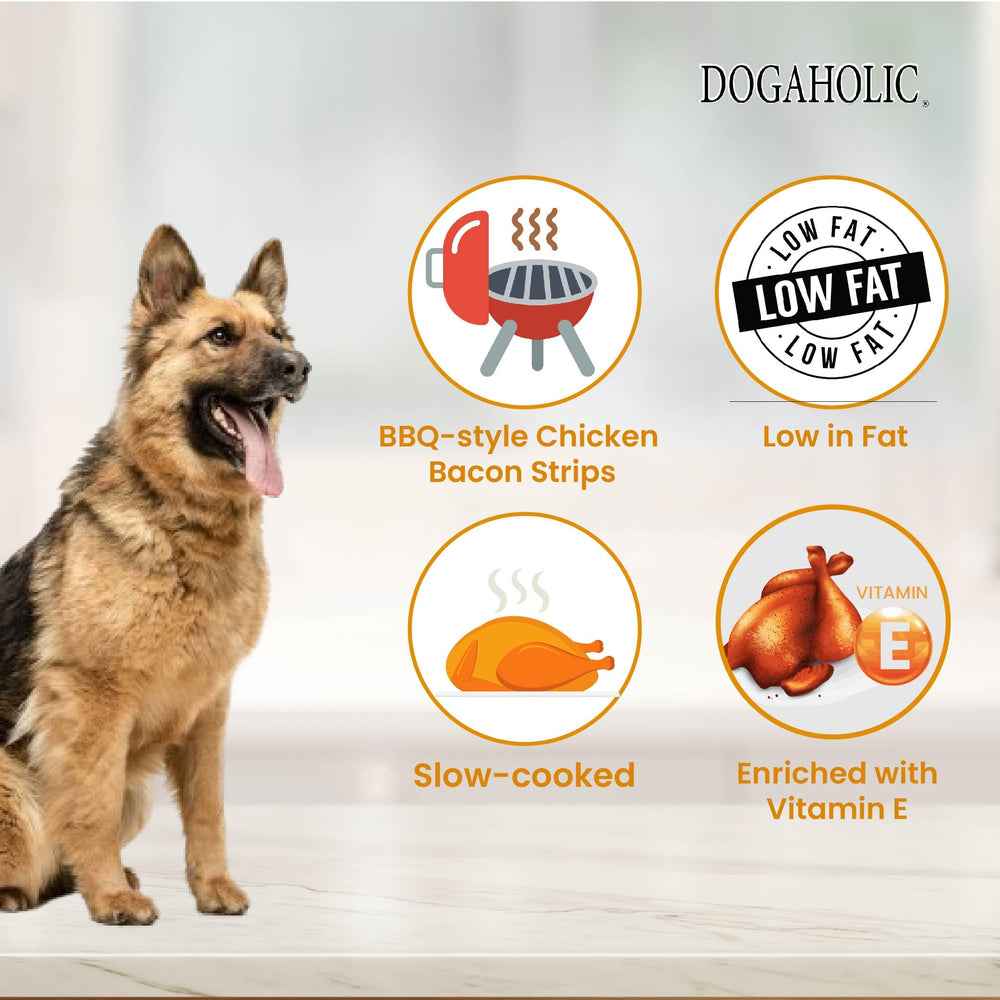 Dogaholic Max Barbeque Chicken Bacon Strips Dog Treats.