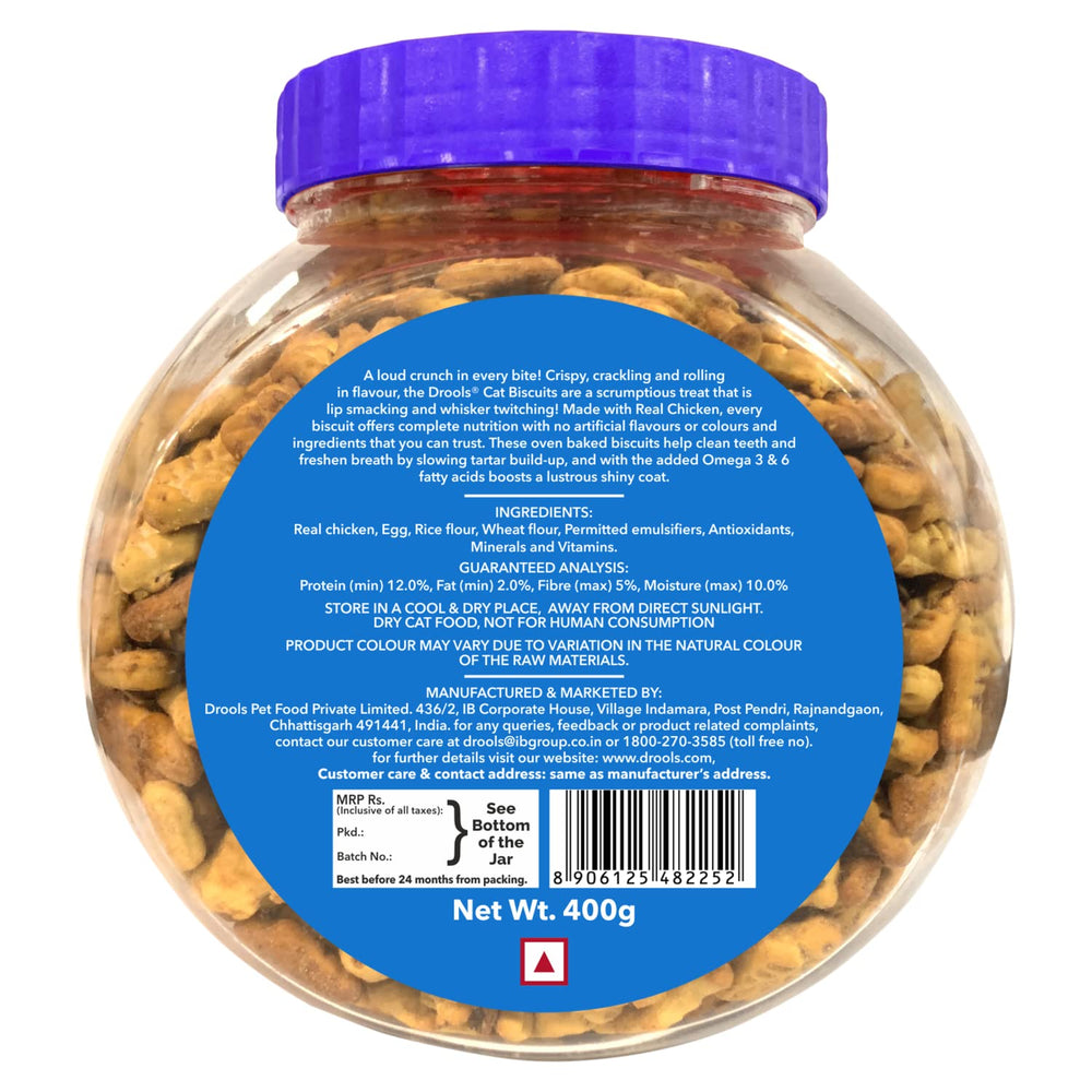 Drools Cat Treat Biscuits – Real Chicken Flavor – 400g Jar.