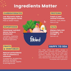 Fabled pet food ingredients list with a bowl of food on a red background