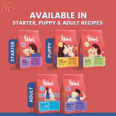 Fabled dog food packages for starter, puppy, and adult on a red background