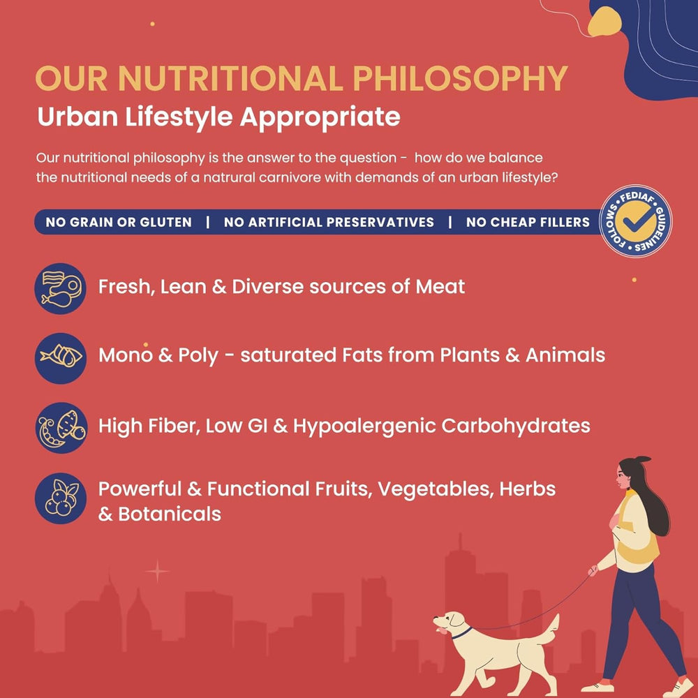 Nutritional philosophy poster with a person walking a dog on a cityscape background