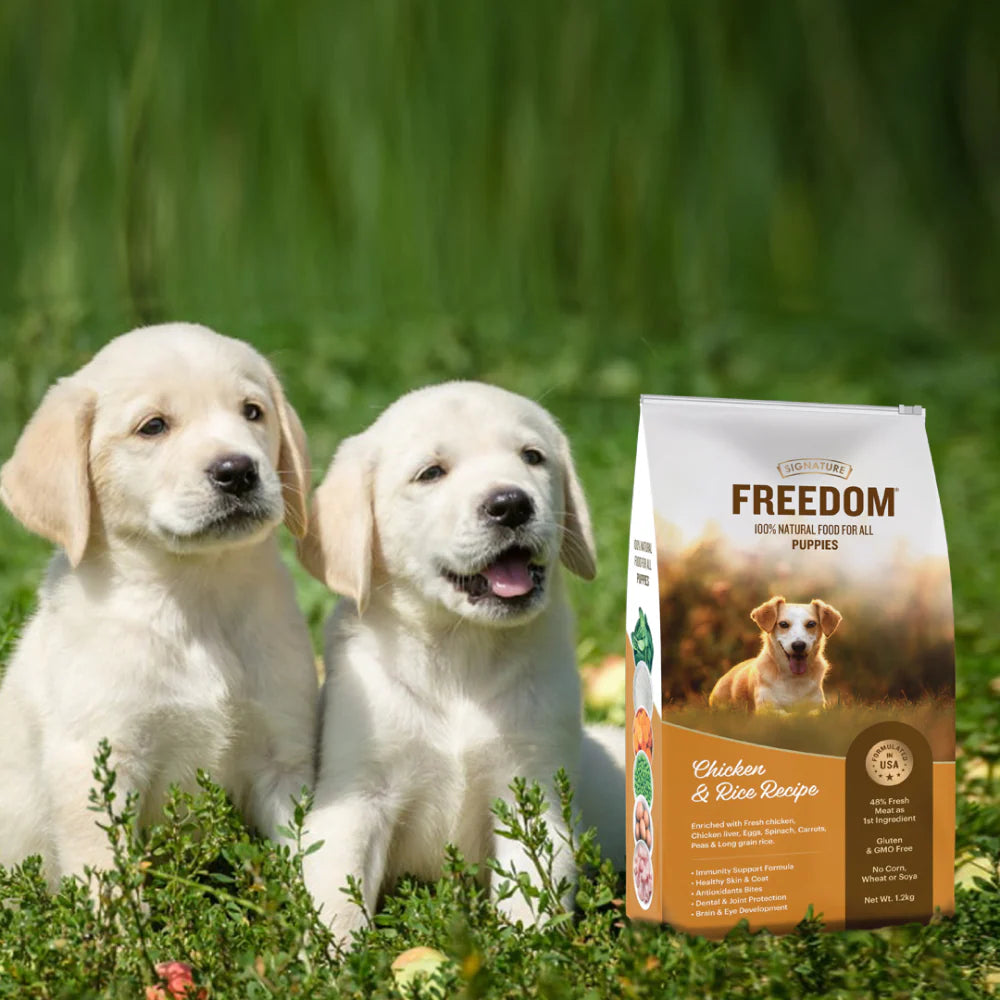 Two puppies sitting in grass with a bag of Freedom Puppy food.