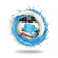 Yogurt container with blueberry apple flavor surrounded by a ring of blue and white liquid on a white background